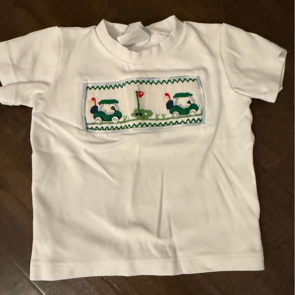 White Kids Short Sleeve Shirt with Green Golf Smocked Panel